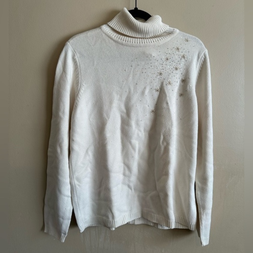 Cherokee White Stars & Glitter Long Sleeve Turtleneck Size Large Women
